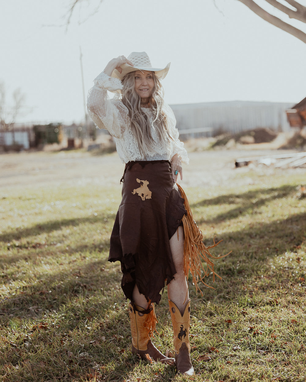Bronc Rider Brown and Yellow Leather Fringe Skirt.