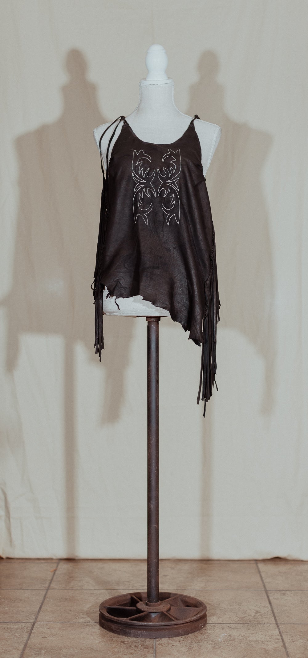 Embroidered Black Leather Spaghetti Strap Top