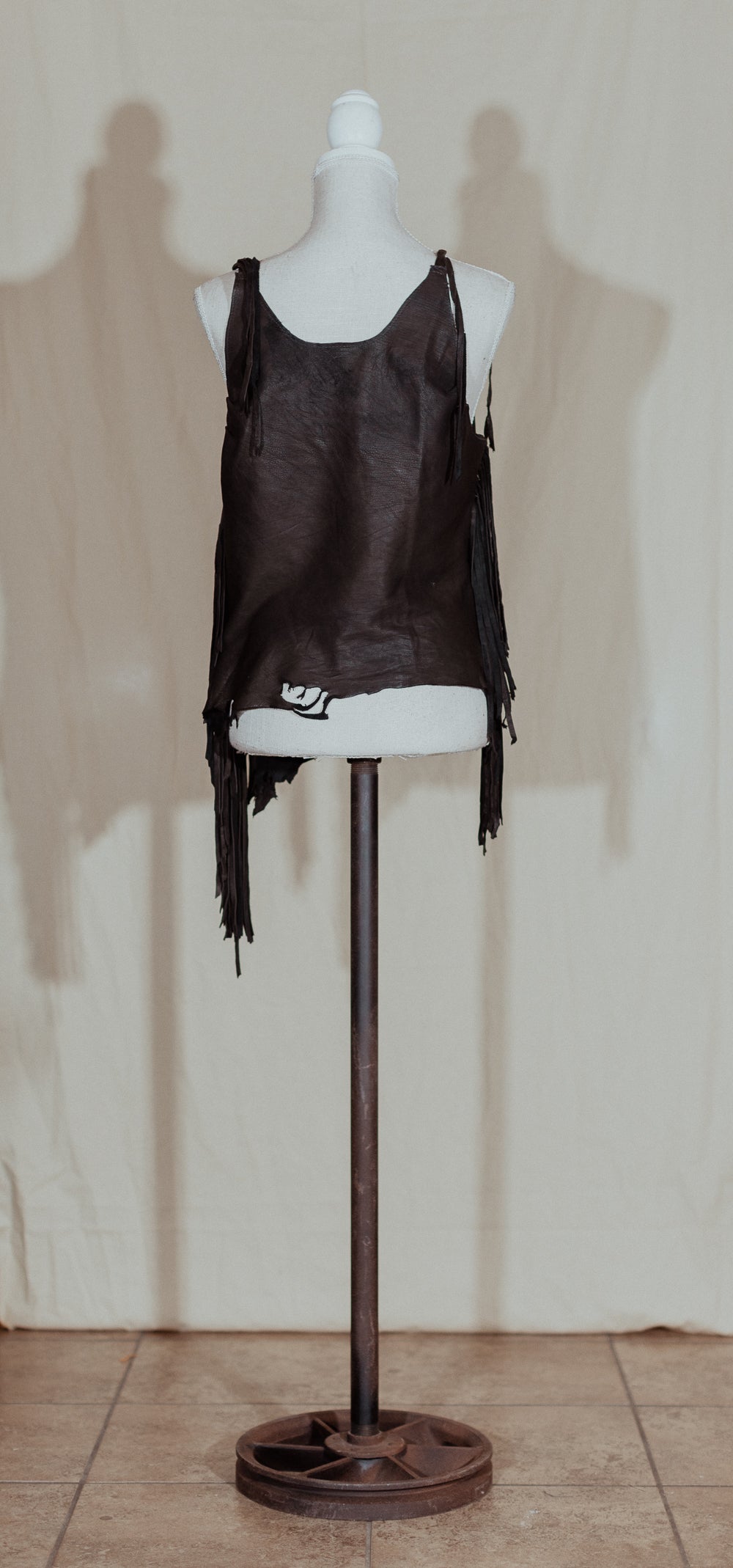 Embroidered Black Leather Spaghetti Strap Top