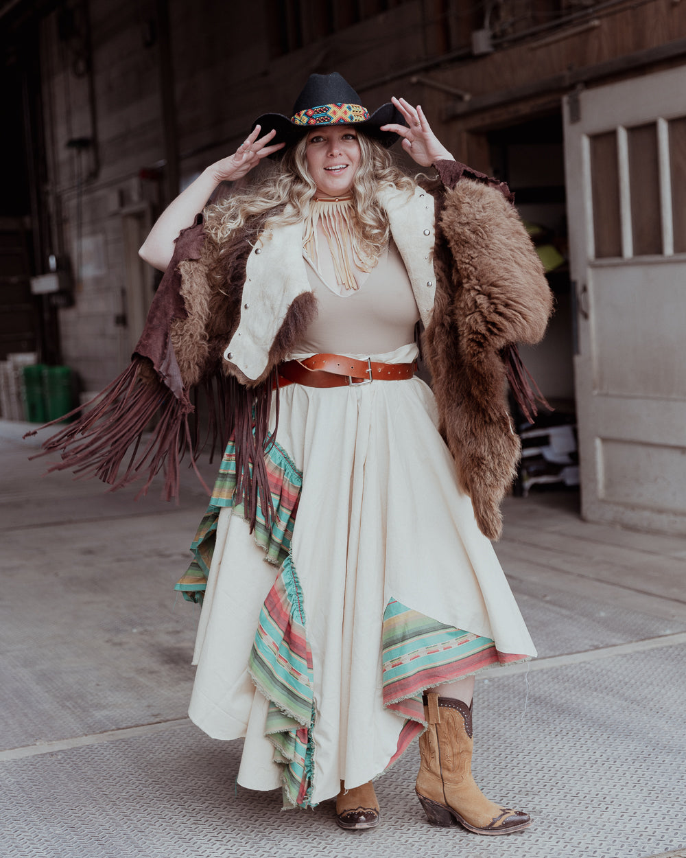 Bison and Brown Leather Fringe Cape