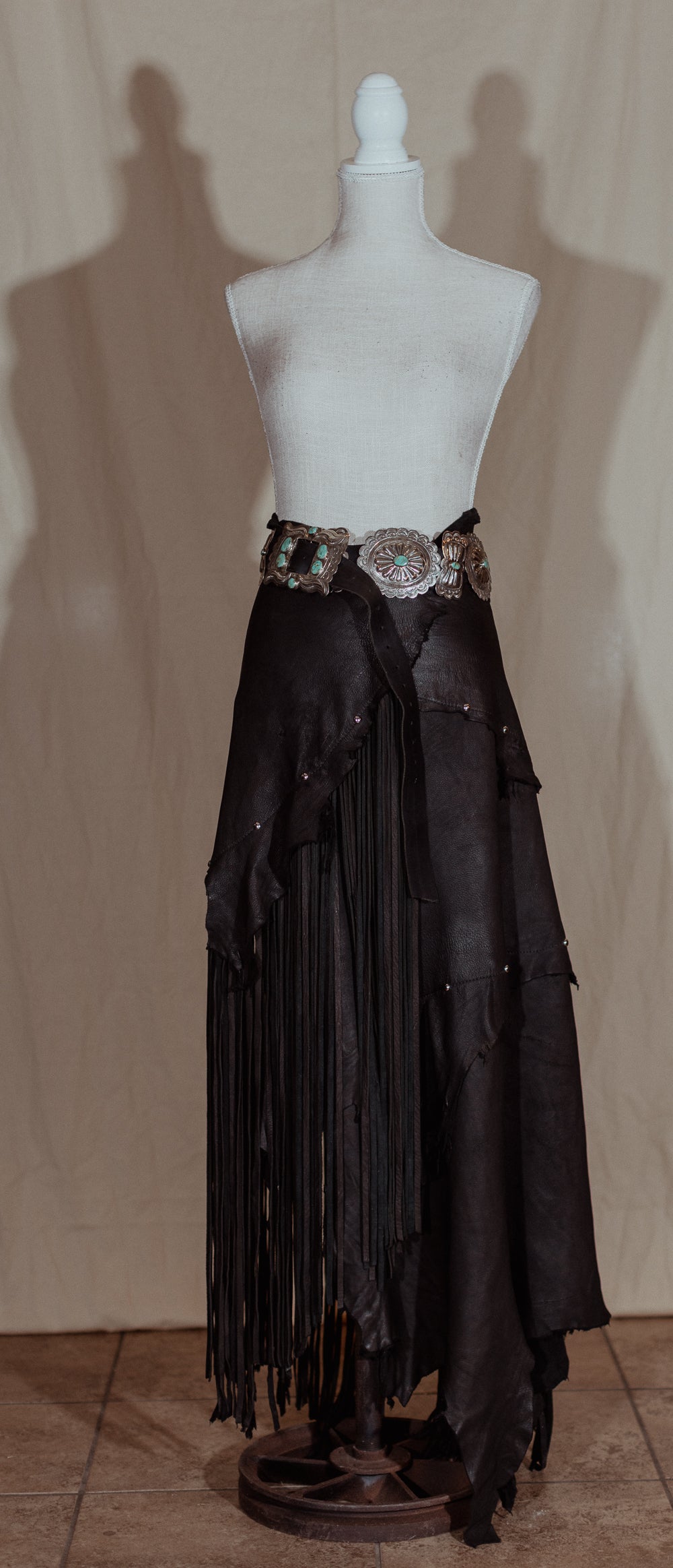 Black Long Leather Fringe Wrap Skirt