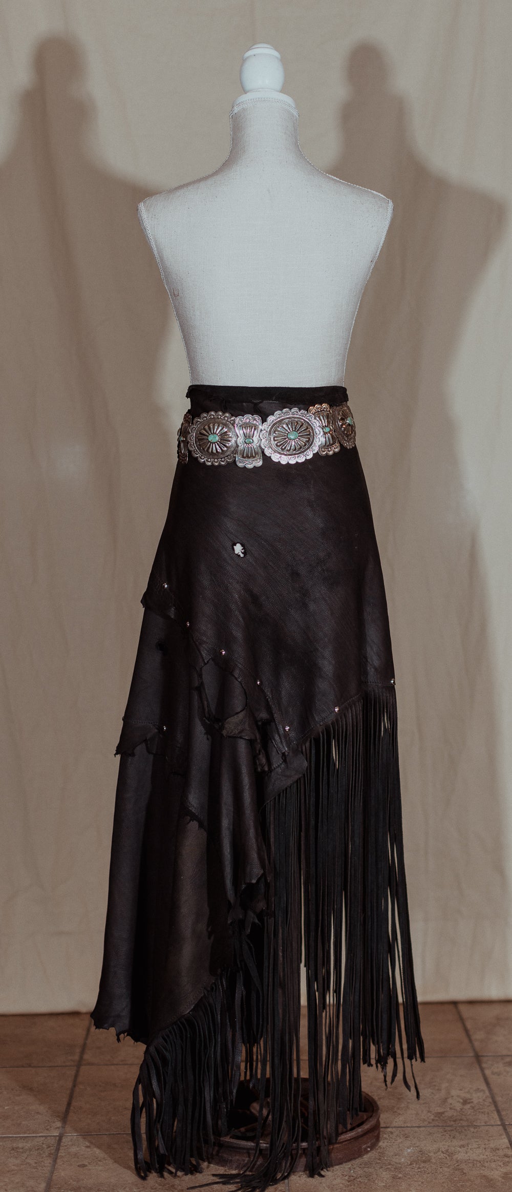 Black Long Leather Fringe Wrap Skirt