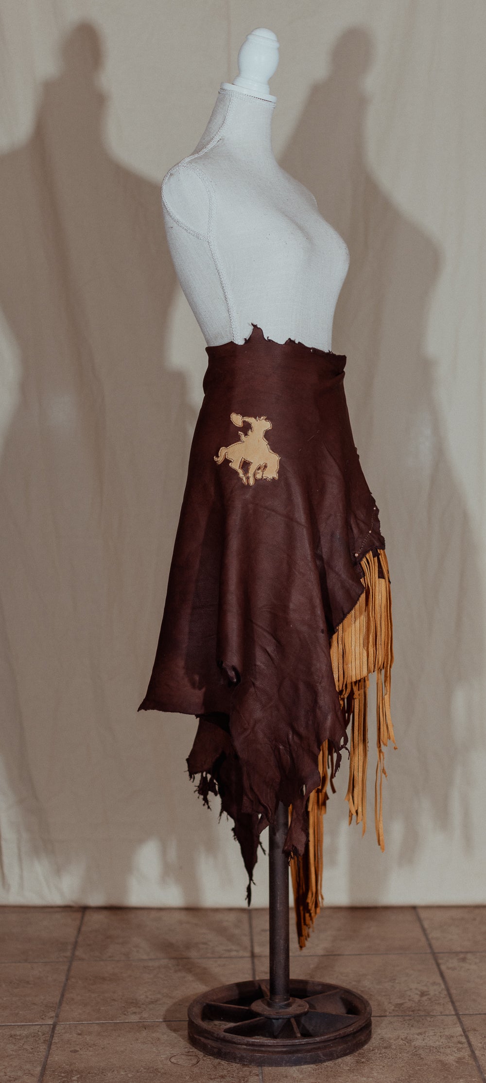 Bronc Rider Brown and Yellow Leather Fringe Skirt.