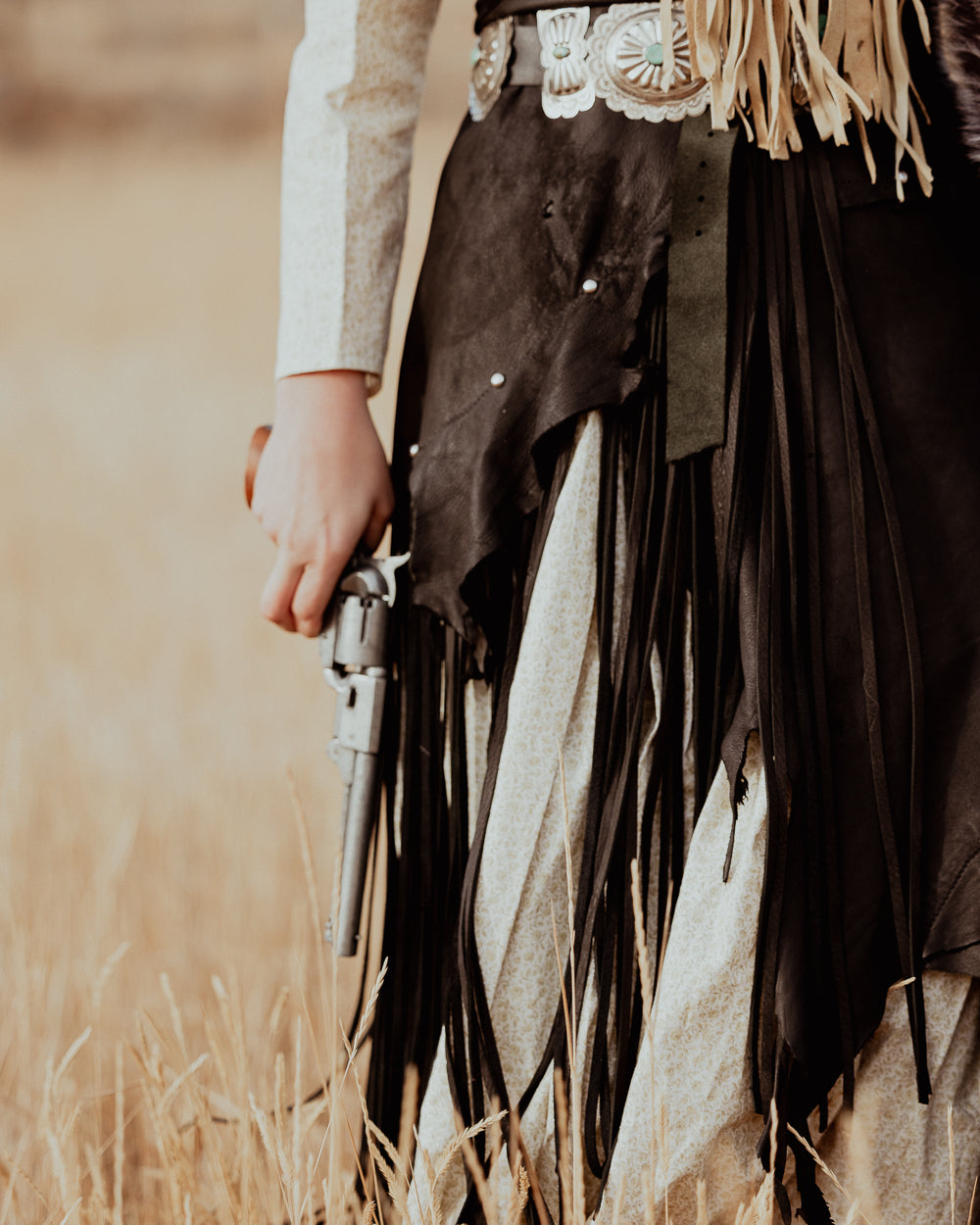 Black Long Leather Fringe Wrap Skirt