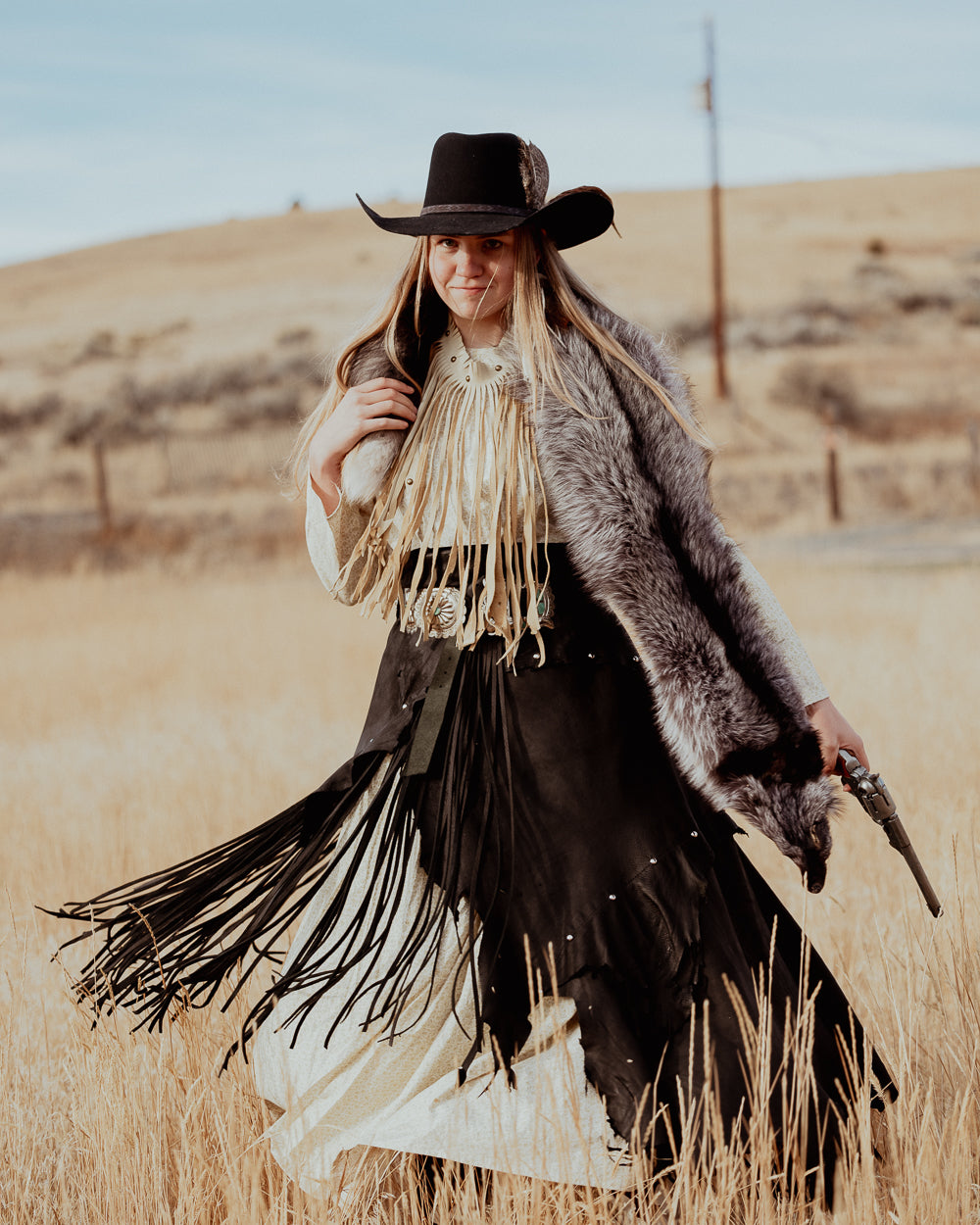 Black Long Leather Fringe Wrap Skirt