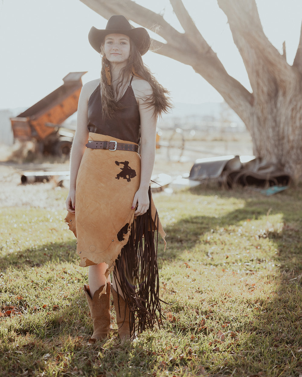 Bronc Rider Yellow and Brown Leather Fringe Wrap Skirt