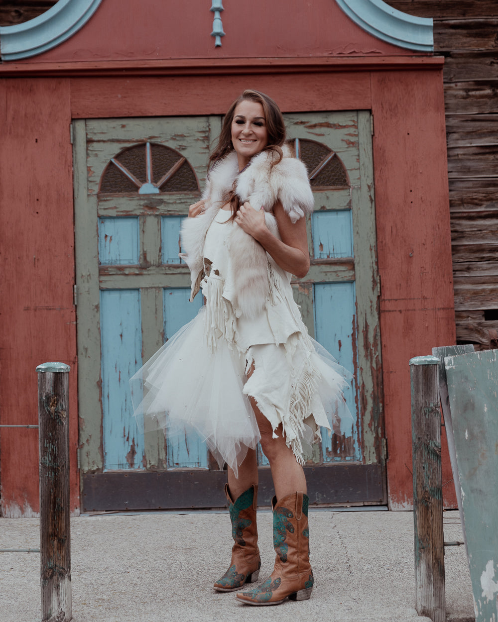 White Tulle and Leather Fringe Wrap Skirt