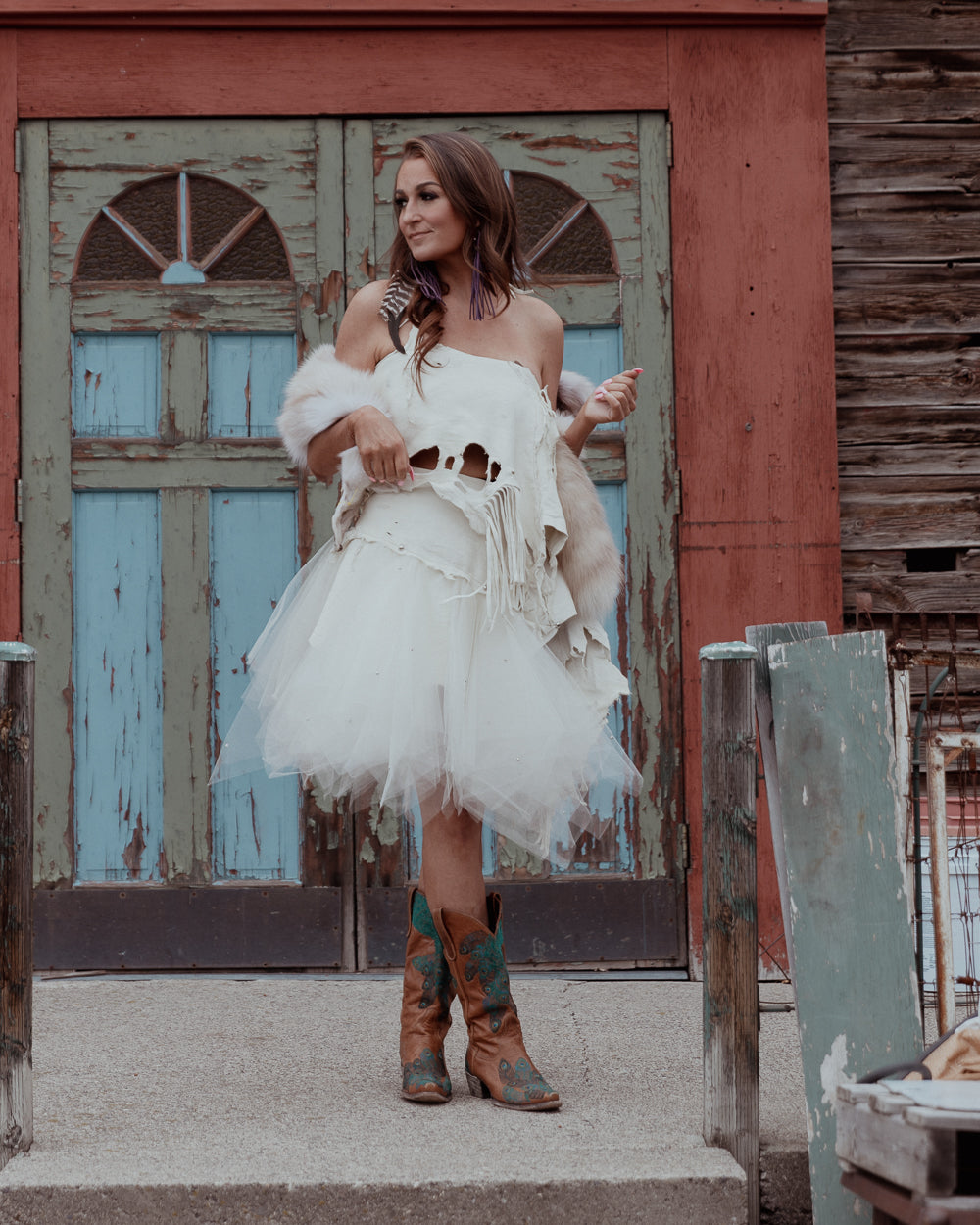 White Tulle and Leather Fringe Wrap Skirt