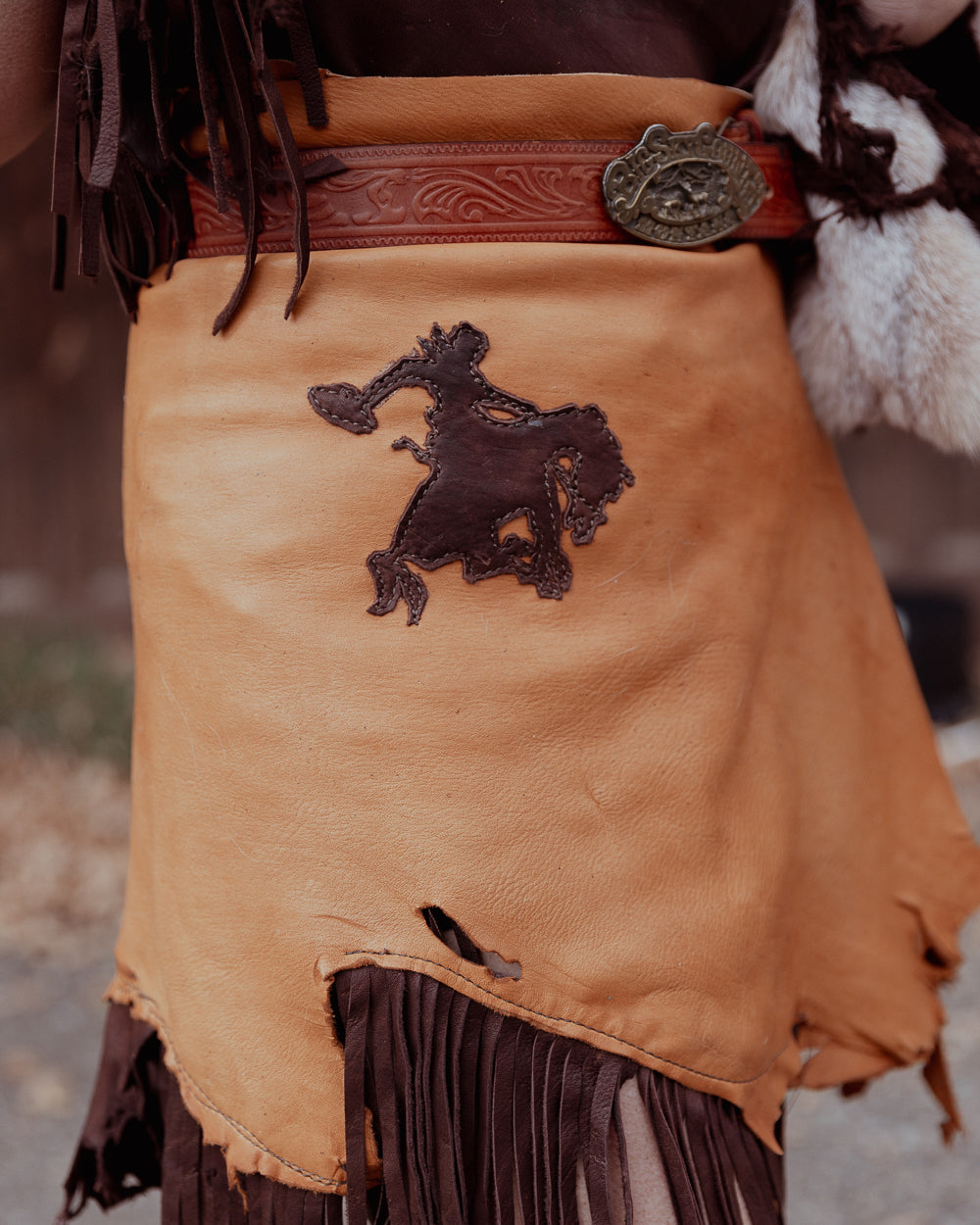 Bronc Rider Yellow and Brown Leather Fringe Wrap Skirt
