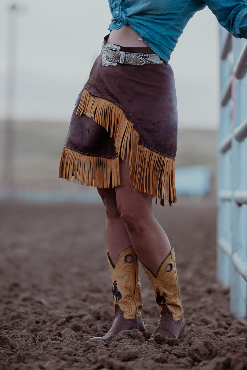 Bronc Rider Brown and Yellow Fringe Wrap Skirt