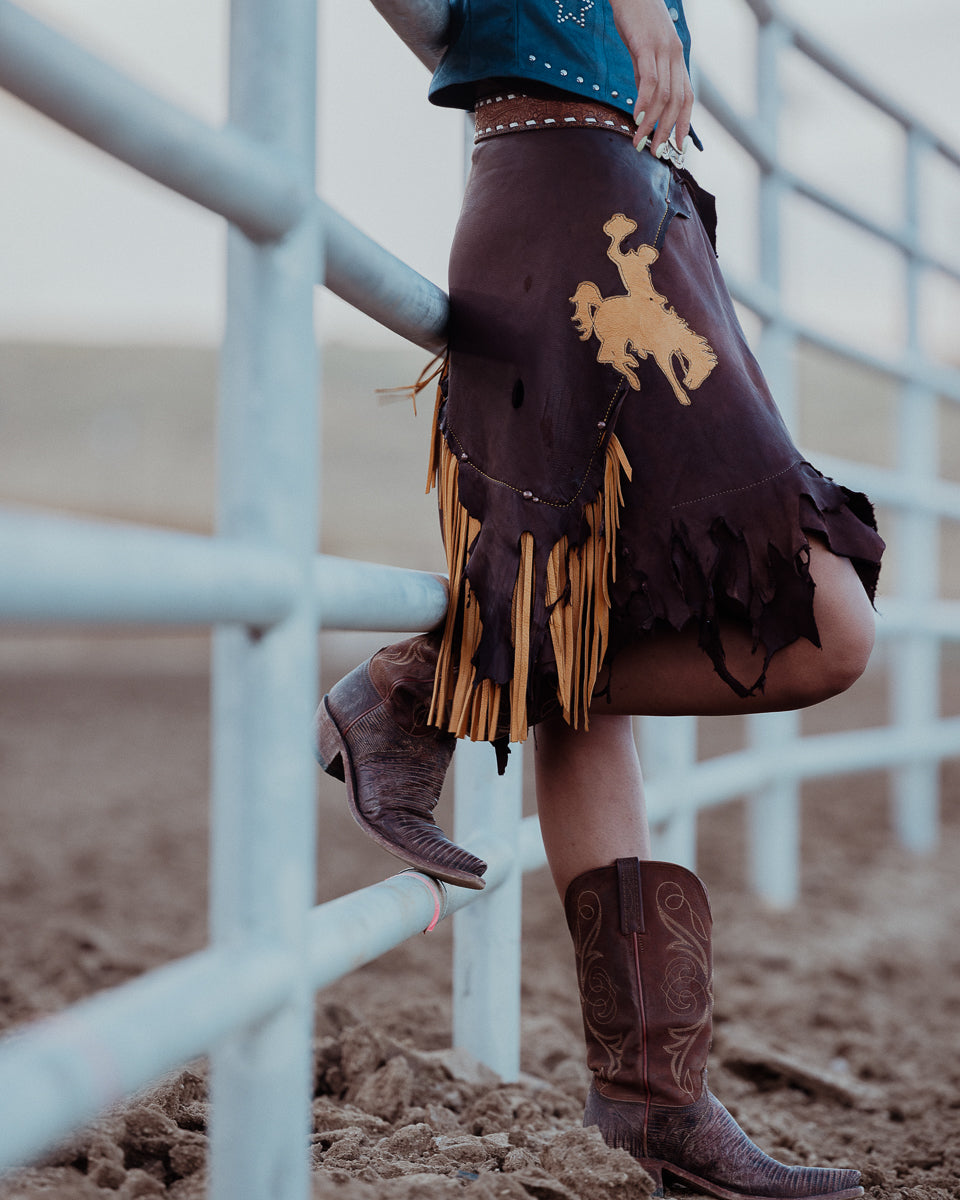 Bronc Rider Brown and Yellow Fringe Leather Wrap Skirt