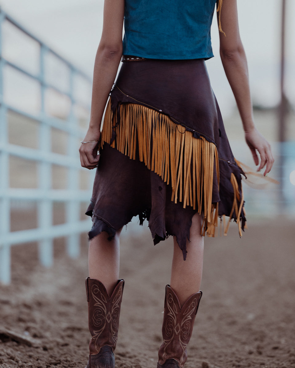 Bronc Rider Brown and Yellow Fringe Leather Wrap Skirt