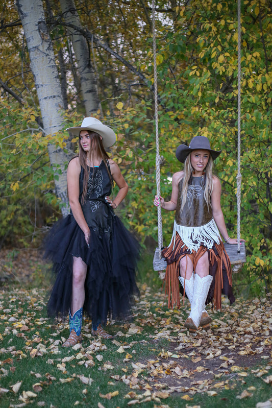 Black Deer Leather and Tulle Skirt