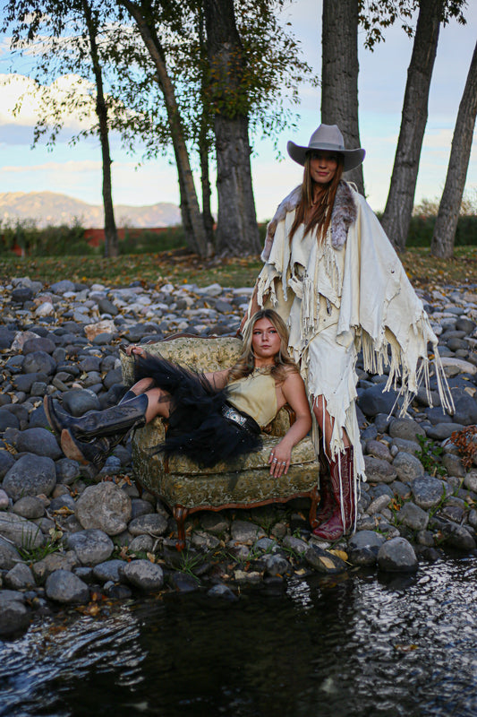 White Deer Leather and Bobcat Shawl