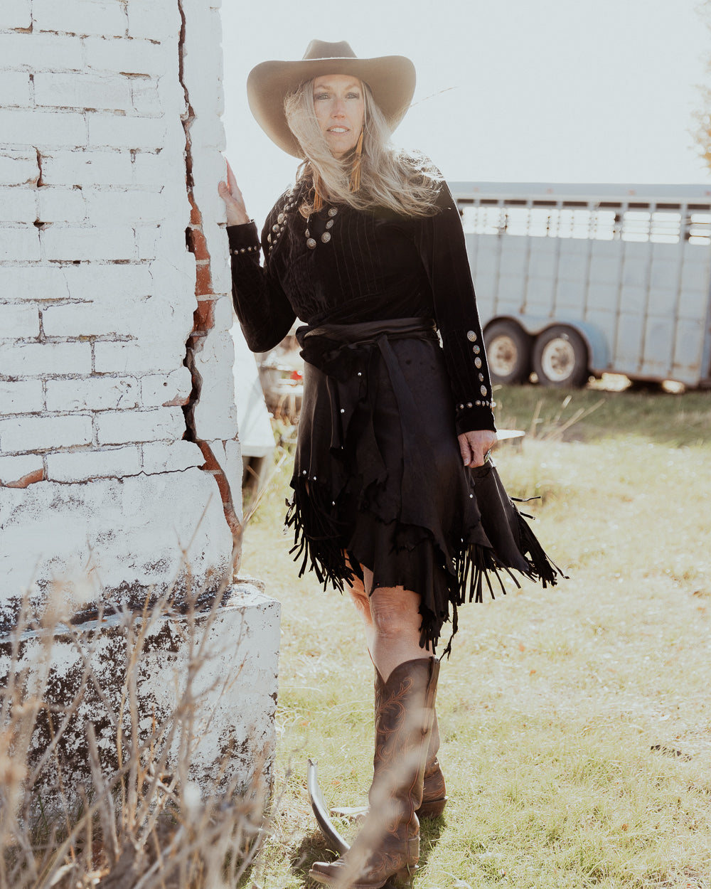 Black Leather Fringe Wrap Skirt