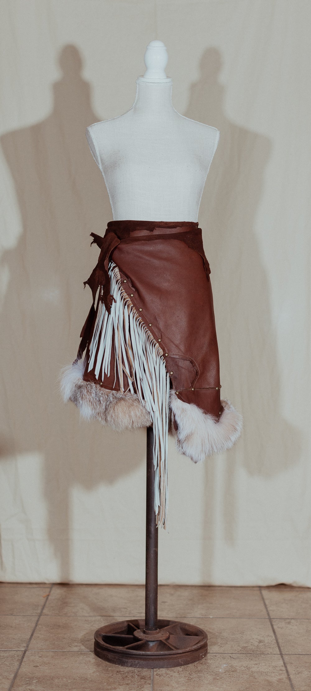 Fox Trimmed Brown Leather Fringe Wrap Skirt