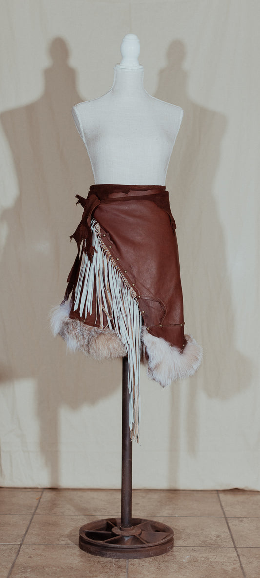 Bobcat Trimmed Brown Leather Fringe Wrap Skirt
