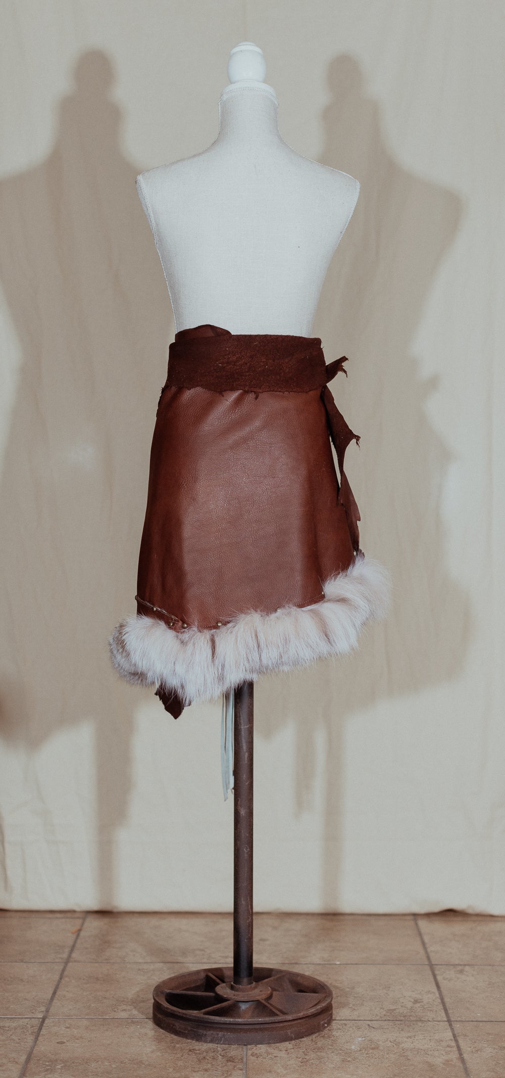 Fox Trimmed Brown Leather Fringe Wrap Skirt