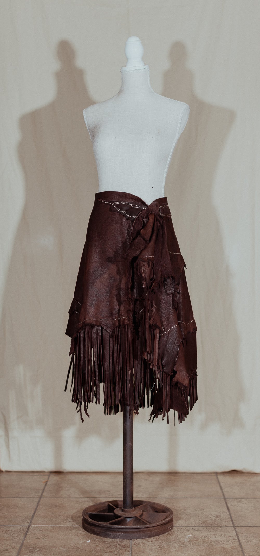 Brown Leather Fringe Wrap Skirt