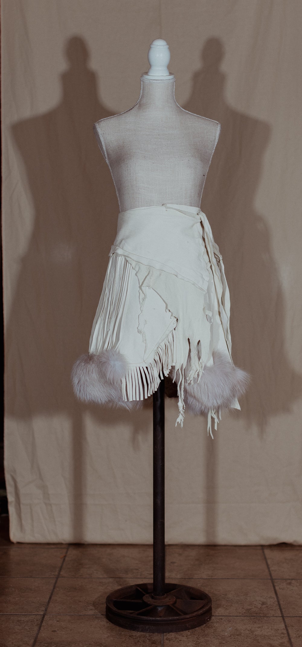 Fox Trimmed White Leather Fringe Wrap Skirt