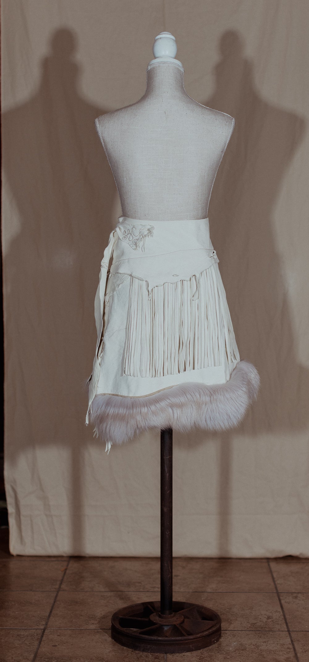 Fox Trimmed White Leather Fringe Wrap Skirt