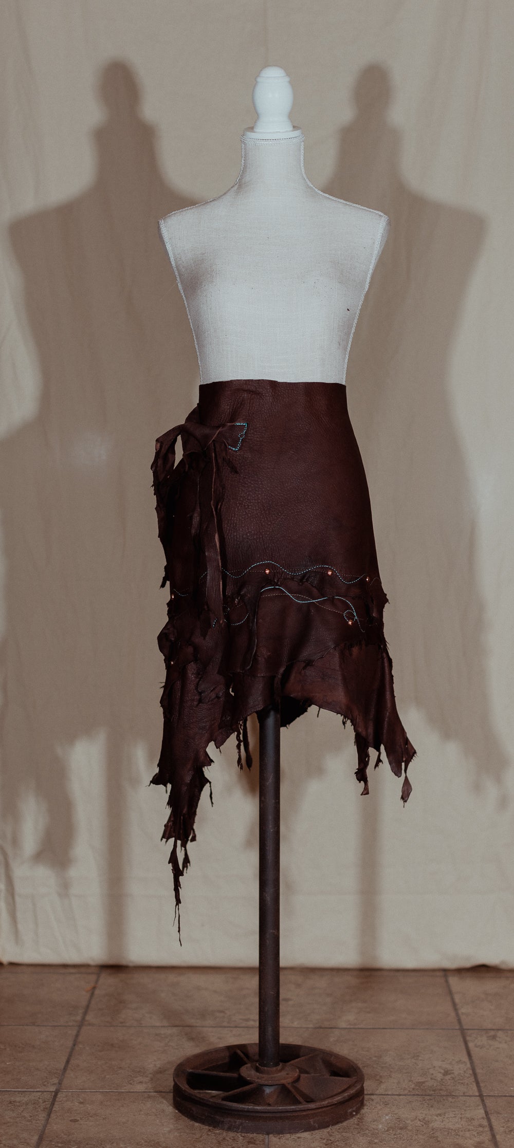 Teal Embroidered Brown Leather Fringe Wrap Skirt.