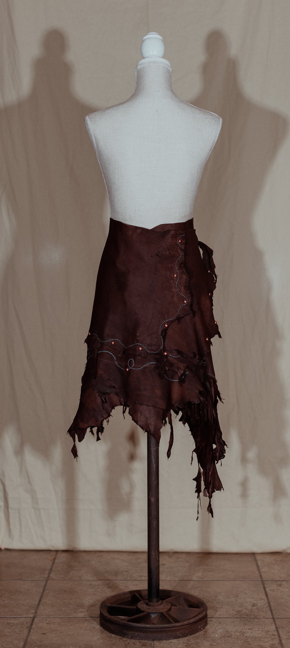 Teal Embroidered Brown Leather Fringe Wrap Skirt.