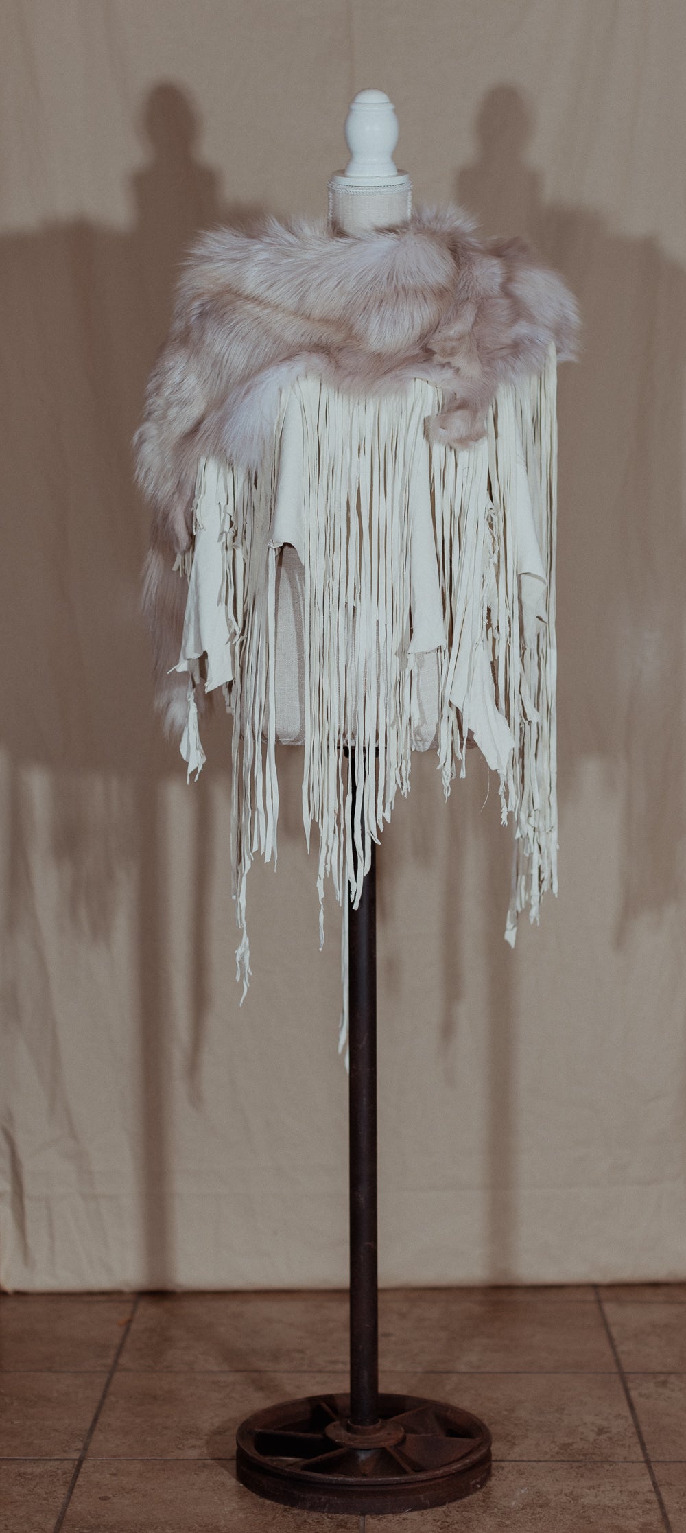 Fox Trimmed White Leather Fringe Cape