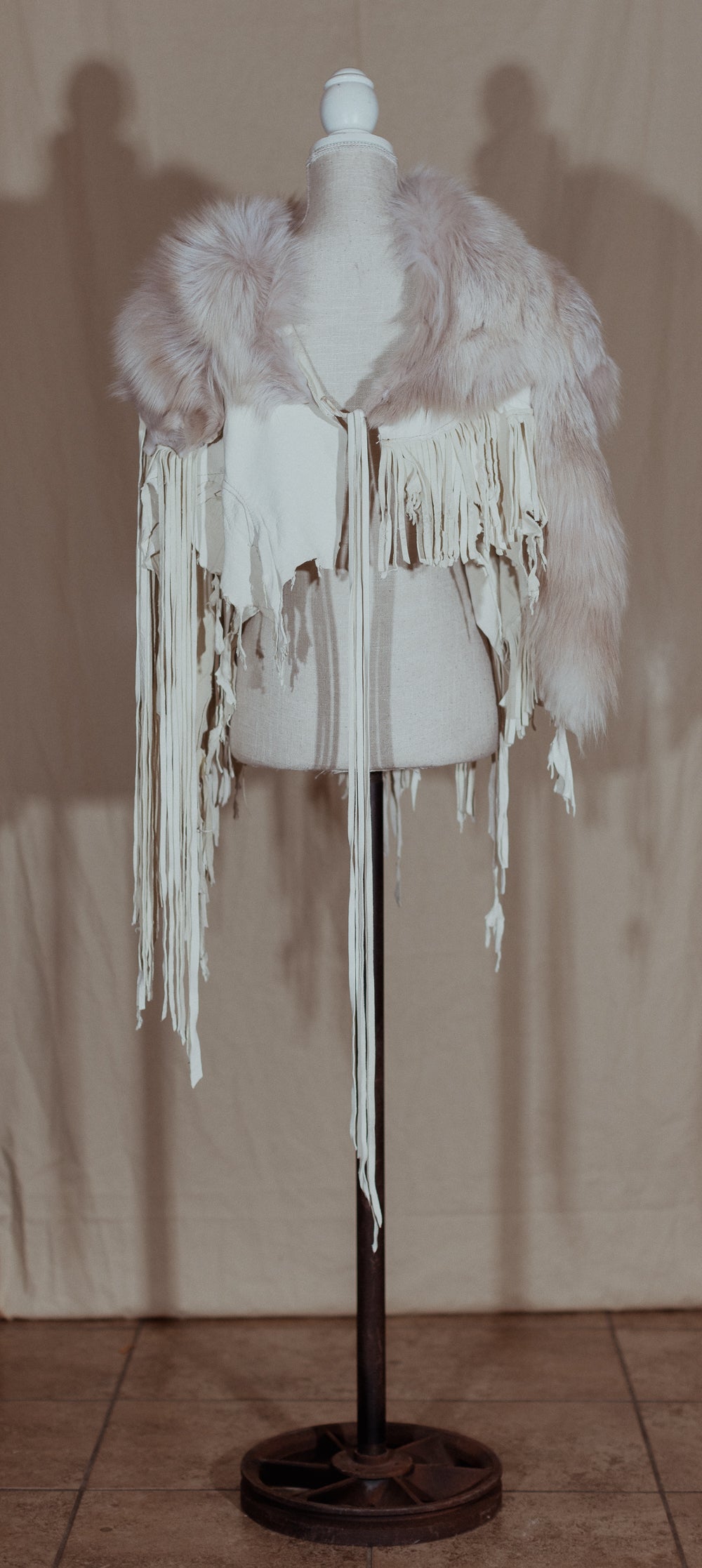 Fox Trimmed White Leather Fringe Cape