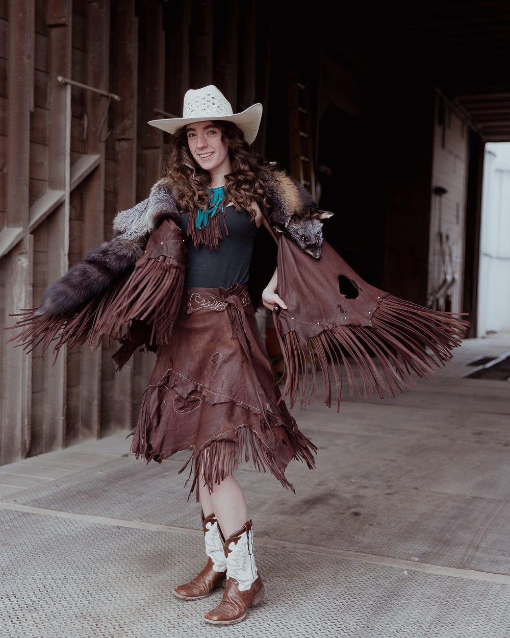 Brown Leather Fringe Wrap Skirt