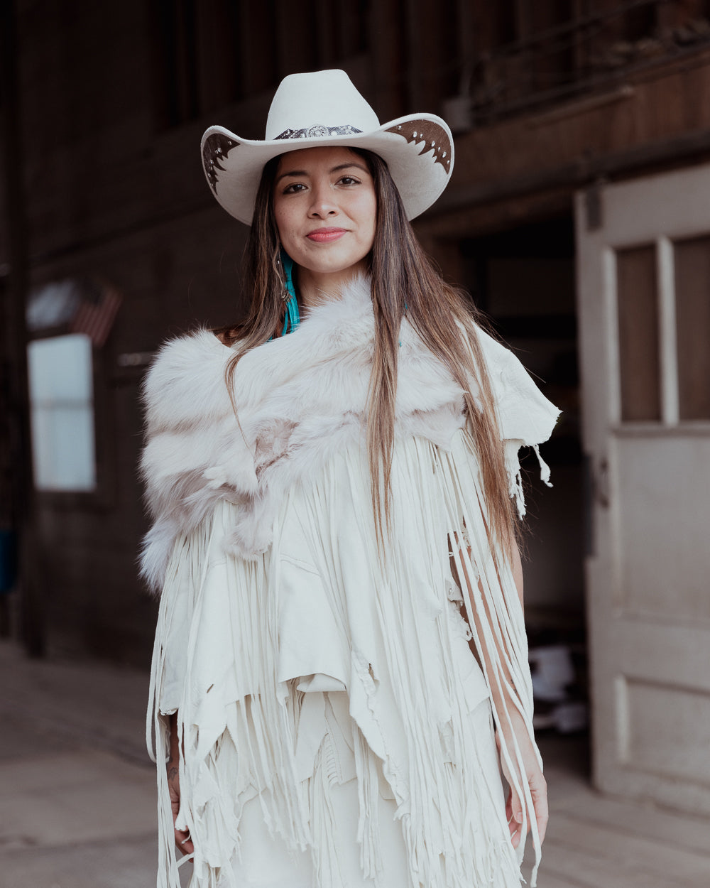 Fox Trimmed White Leather Fringe Cape