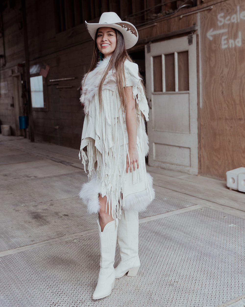 Fox Trimmed White Leather Fringe Wrap Skirt