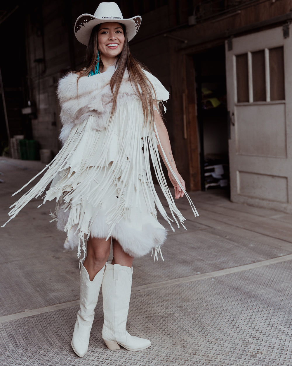 Fox Trimmed White Leather Fringe Cape