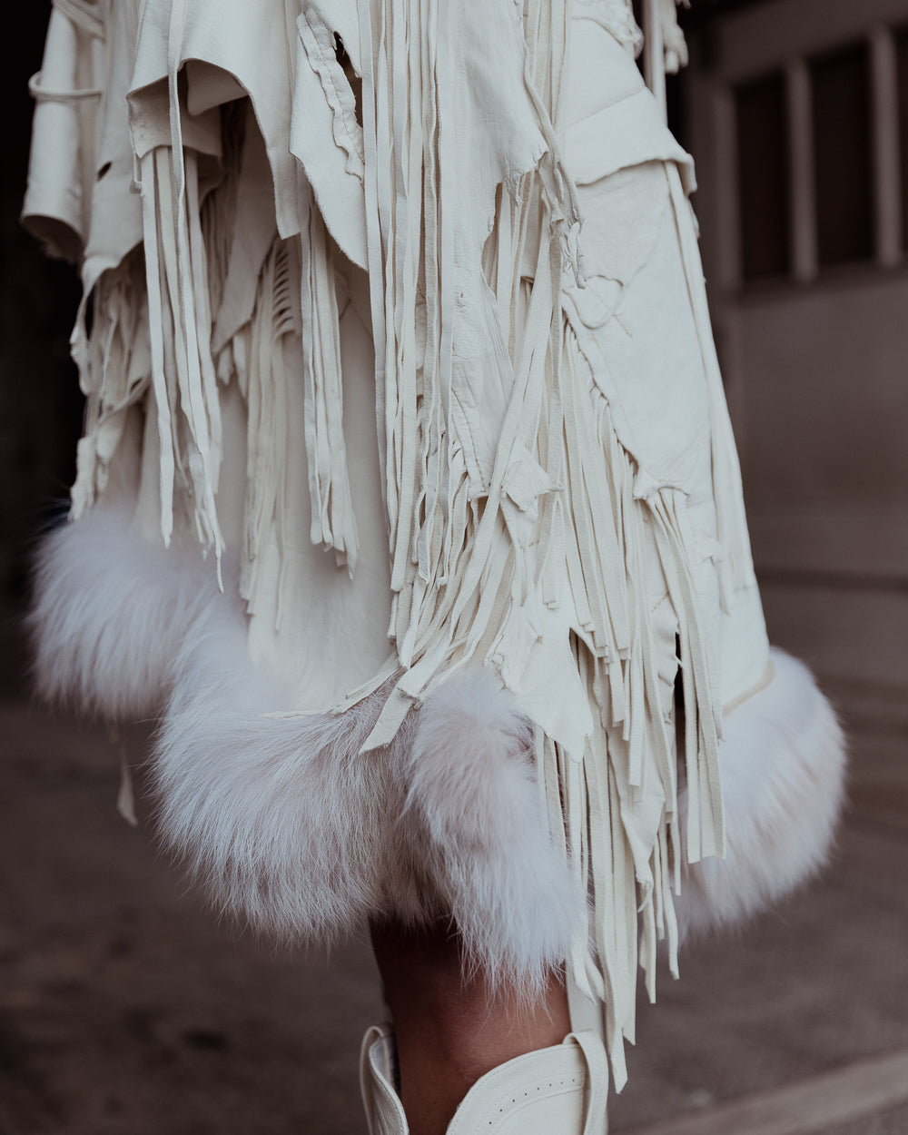 Fox Trimmed White Leather Fringe Wrap Skirt