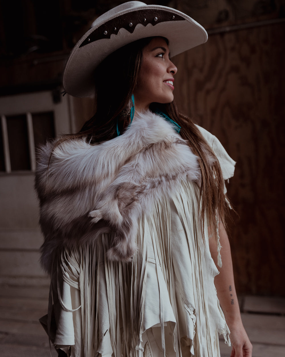 Fox Trimmed White Leather Fringe Cape