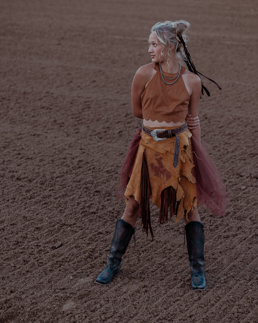 Bronc Rider Yellow and Brown Tulle Fringe Wrap Skirt