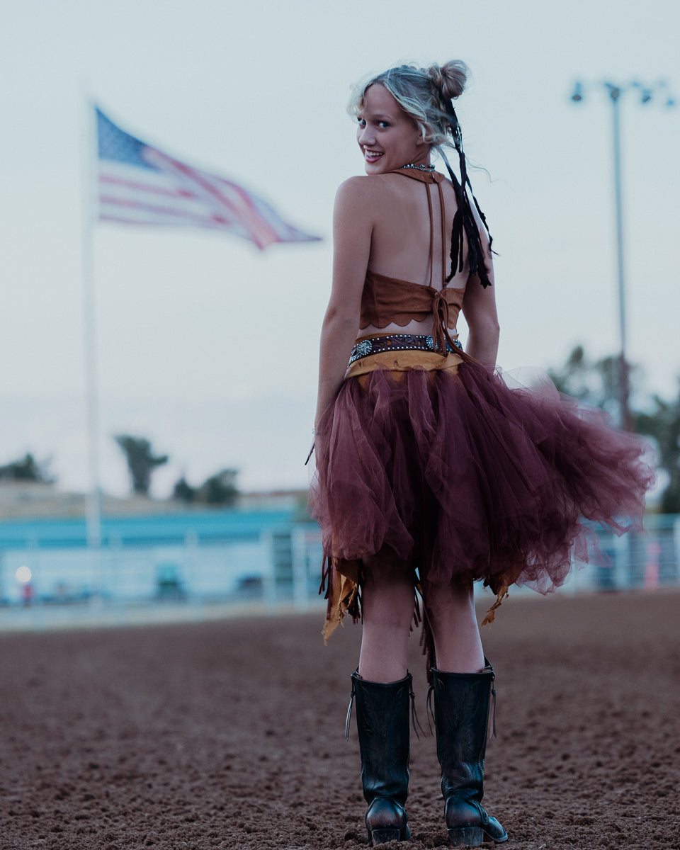 Bronc Rider Yellow and Brown Tulle Fringe Wrap Skirt