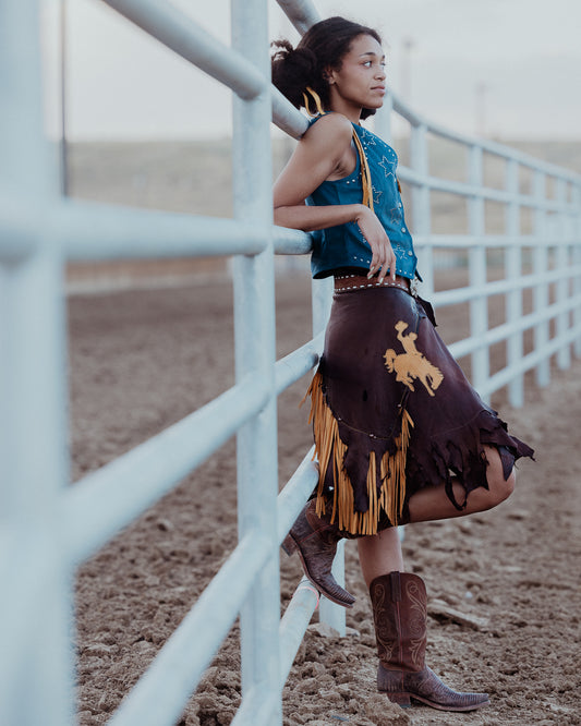 Bronc Rider Brown and Yellow Fringe Leather Wrap Skirt
